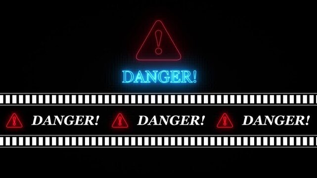 DANGER text icon in border frame with tape animation.Alert all program interface malware virus sign.privacy and protection data,glowing neon triangle sign with exclamation mark.