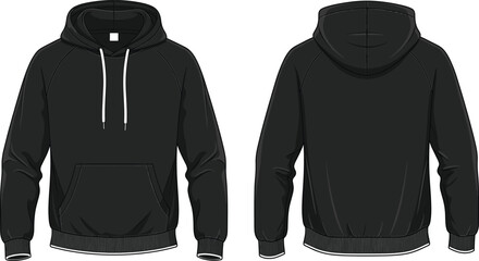 Black raglan hoodie technical fashion sketch front and back views with kangaroo pocket and drawstring for apparel design mockup template illustration