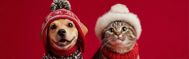 Dogs and Cats Wear Christmas Sweaters and Hats on Red Background for Holiday Celebration
