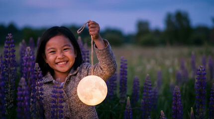 Child Holding a Glowing Moon Balloon in Twilight Meadow