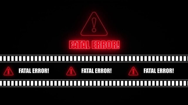 FATAL ERROR text icon in border frame with tape animation.Alert all program interface virus sign.privacy and protection data,glowing neon triangle sign with exclamation mark.