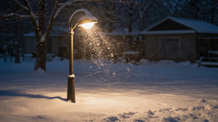 A streetlamp glowing warmly in a snowy night, its light illuminating falling snowflakes and casting a golden glow on the snow-covered ground, with snow-laden trees and a wooden shed in the background