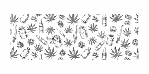 Hand drawn cannabis leaves oils and related botanical illustrations pattern