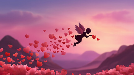 Animated looping romantic scene featuring cupid silhouette flying and spreading red heart shapes, stylized landscape, pink gradient sky, valentine day card concept, with copy space