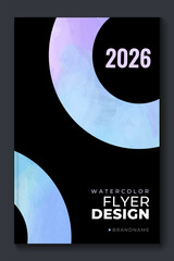 Bright vector colorful blue watercolor on vertical black A4 background for booklet or brochure