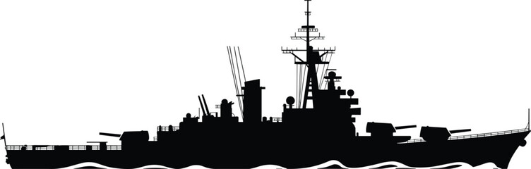 Military battleship silhouette illustration with radar, turrets, and antennas for naval, defense, and strategic themes.