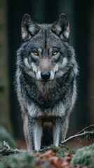 Obraz premium Majestic gray wolf portrait in dense forest, powerful amber eyes and detailed fur texture, soft natural light, professional wildlife photography