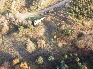 View of a hillside landscape showing a road, trees, and an open field during daylight