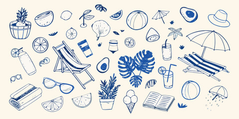 A collection of summer themed doodles fruits beach items and leisure objects © Mityunjoy