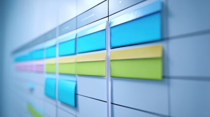 Colorful sticky notes on a wall organizer for project planning and team collaboration in a modern workspace environment