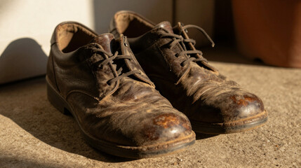 A pair of worn brown leather shoes with noticeable scuffs and stains, placed on a concrete surface with light casting shadows