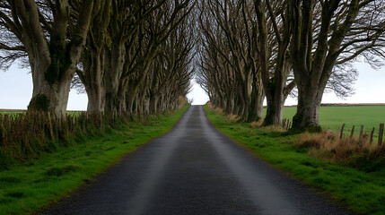 Obraz premium A striking tree-lined road draws the eye, nature's architecture creating a dramatic avenue. Lush greenery flanks the path, leading toward a distant light.