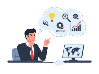 Business Executive Contemplating Growth Strategy and Global Opportunities on Computer Screen