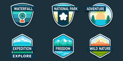 Collection of national park adventure badges with diverse outdoor themes