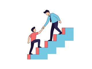 Businessmen Ascending Staircase Together Offering Mutual Assistance