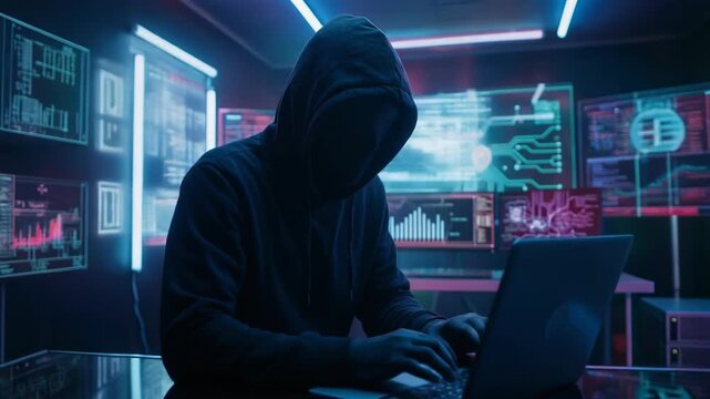Mysterious hacker working on laptop in a high-tech environment with neon lights