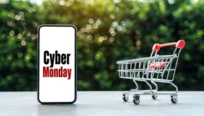 Cyber Monday online shopping concept with smartphone and miniature cart.