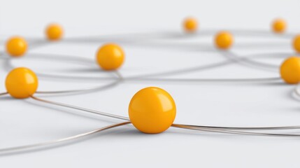 Abstract representation of interconnected nodes with bright yellow spheres and silver wires illustrating communication, networking, and connection in technology.