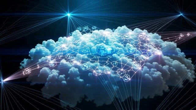 Cloud computing data network with glowing digital connections
