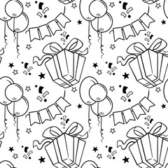 Hand drawn seamless pattern with birthday celebration elements such as gifts, balloons, candles and confetti. Perfect for wrapping paper, greeting cards, party invitations, backgrounds and packaging d