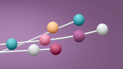 Abstract illustration of colorful spheres connected by lines representing molecular structure on a soft purple background for creative designs