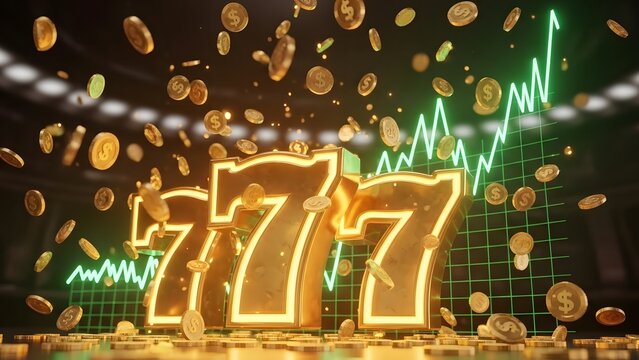High-end casino jackpot concept showing massive 777 symbols, a rising stock-style graph glowing in green