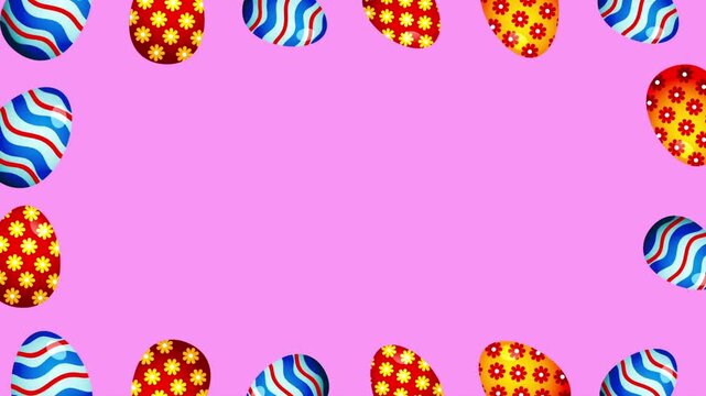 Pink canvas framed by multicolored patterned Easter eggs, encircling a vivid central space, pretty!!