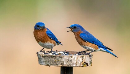 Two bluebirds at a bird feeder