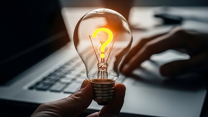 Businessmen holding light bulbs with question mark icon for FAQ, Quiz, test, survey, support, knowledge, decision,brainstorming, Creative brainstorming concept