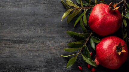 Two vibrant pomegranates with green leaves adorn a dark wooden surface