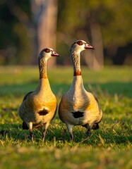 Two geese in a grassy field at sunset