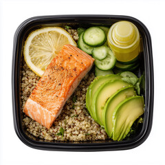Salmon filet meal set with quinoa, avocado slices, cucumber salad, electrolyte drink pouch, pro cardio diet layout