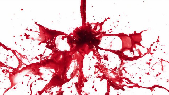 Dramatic splash of red liquid blood and paint forming messy splatter texture. powerful abstract concept on clean white background for shocking, dangerous visual effect