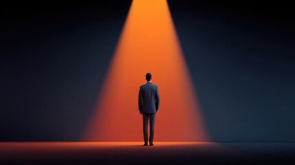 Obraz premium A solitary figure in a suit stands under a warm spotlight in a dark room, symbolizing hope, opportunity, and personal growth in a dramatic setting