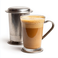 South Indian filter coffee with frothy top, steel tumbler and dabarah, authentic caf&radic;&copy; craft look