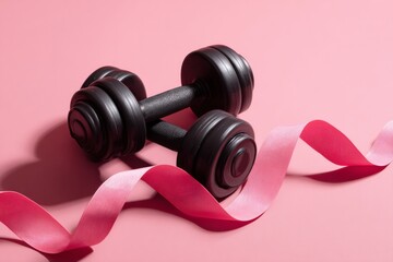 Black Dumbbell and Pink Ribbon on a Pink Background Suitable for Fitness Activities and Health Promotion