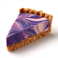 Taro mousse tart macro, purple swirl gradient, flaky crust grain detail