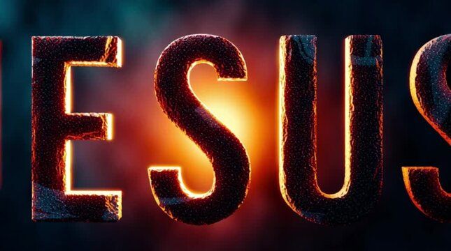 Cinematic biblical text "Jesus" on the background of light and cave.