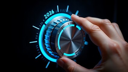 Hand holding a digital camera and a gas pump with a futuristic blue technology interface concept