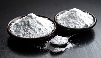 Two bowls of white powder on a dark surface