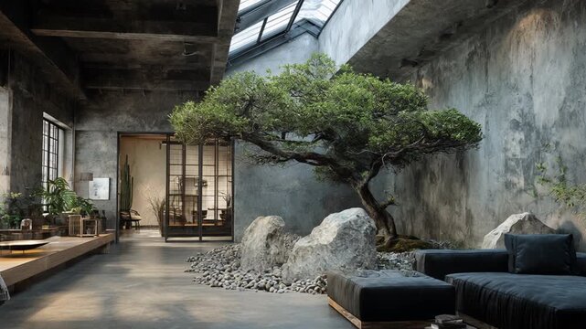 Tranquil modern loft with serene zen interior design and wabi sabi elements. large bonsai tree growing from concrete space creates peaceful, calm atmosphere