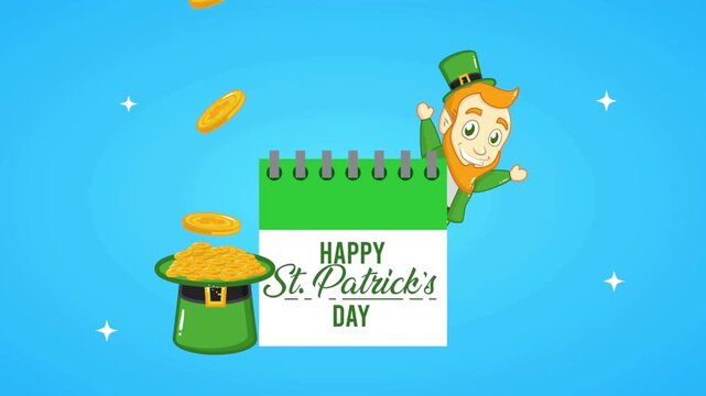 Cheerful leprechaun dances beside a calendar reading Happy St. Patrick's Day; gold coins spill today