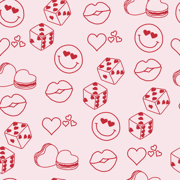 Valentine&rsquo;s Day seamless pattern with love doodles hearts, lips, smiley faces, macarons and cute dice. Romantic holiday print for wrapping paper, fabric, background, wallpaper.