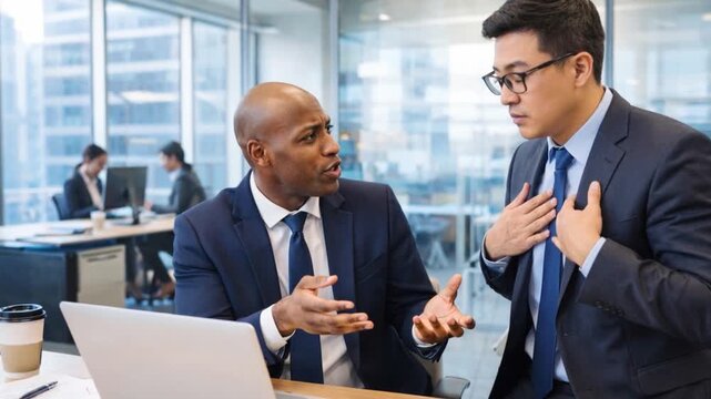Angry boss fights with employee. Manager scolding quarrels with the workers while sitting at workplace in office head of the company shouting managers unhappy with work results.

