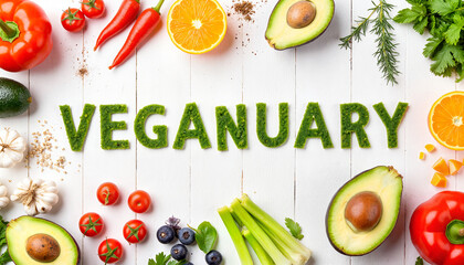 Veganuary text with fresh vegetables and fruits on white wooden surface