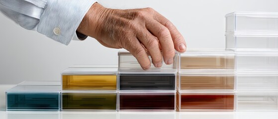 Building a colorful pyramid with transparent plastic blocks on a white background in a studio setting, showcasing creativity in playtime activities