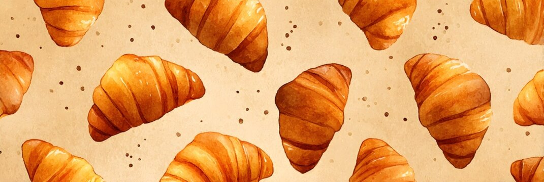 Seamless watercolor pattern with croissants on light beige background, hand painted bakery pastry illustration for wrapping and textile