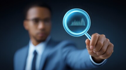 Businessman holding magnifying glass with digital analytics symbol representing data analysis and insights in a corporate environment