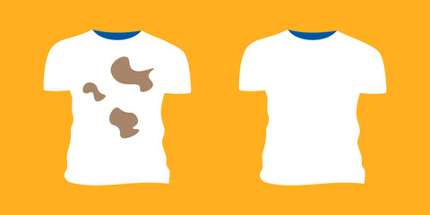 Before-and-after comparison of two white t-shirts on orange background&mdash;one stained, one clean&mdash;illustrating laundry effectiveness.