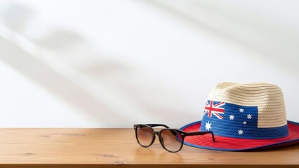 Stylish sunglasses and Australian hat resting on wooden surface outdoors